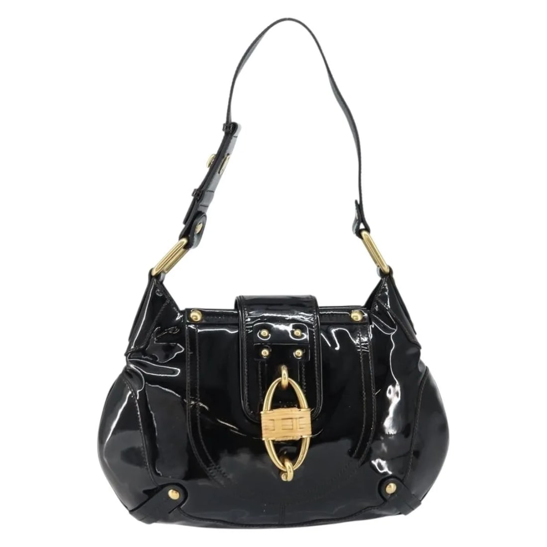 Gancini Tote Bag in Black Patent Leather by Salvatore Ferragamo: Gancini Tote Bag in Black Patent Leather by Salvatore Ferragamo This Salvatore Ferragamo Gancini Tote is crafted from black patent leather and is designed for women. The tote is pre-owned and shows si
