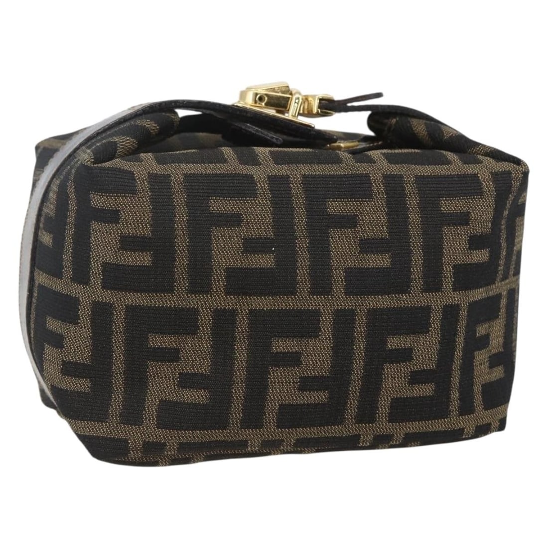 FENDI Zucca Canvas Vanity Hand Bag Black Brown Gold: FENDI Zucca Canvas Vanity Hand Bag Black Brown Gold FENDI vanity hand bag in black and brown Zucca canvas with gold-tone accents. Made in Italy for women, this compact bag shows heavy use with loss of