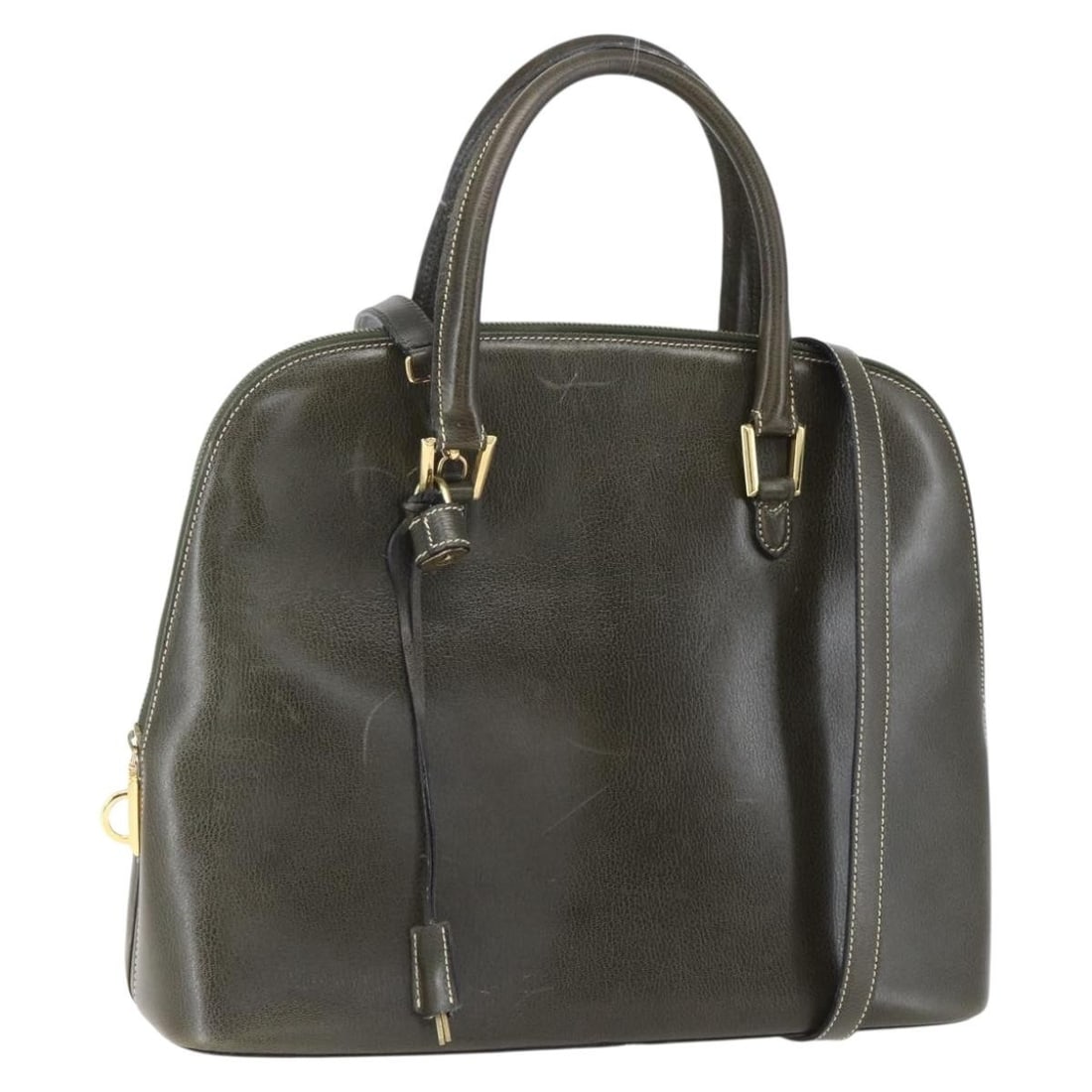 Salvatore Ferragamo Khaki Gold Leather Hand Bag 2 Way Authentic (1 of 18)
