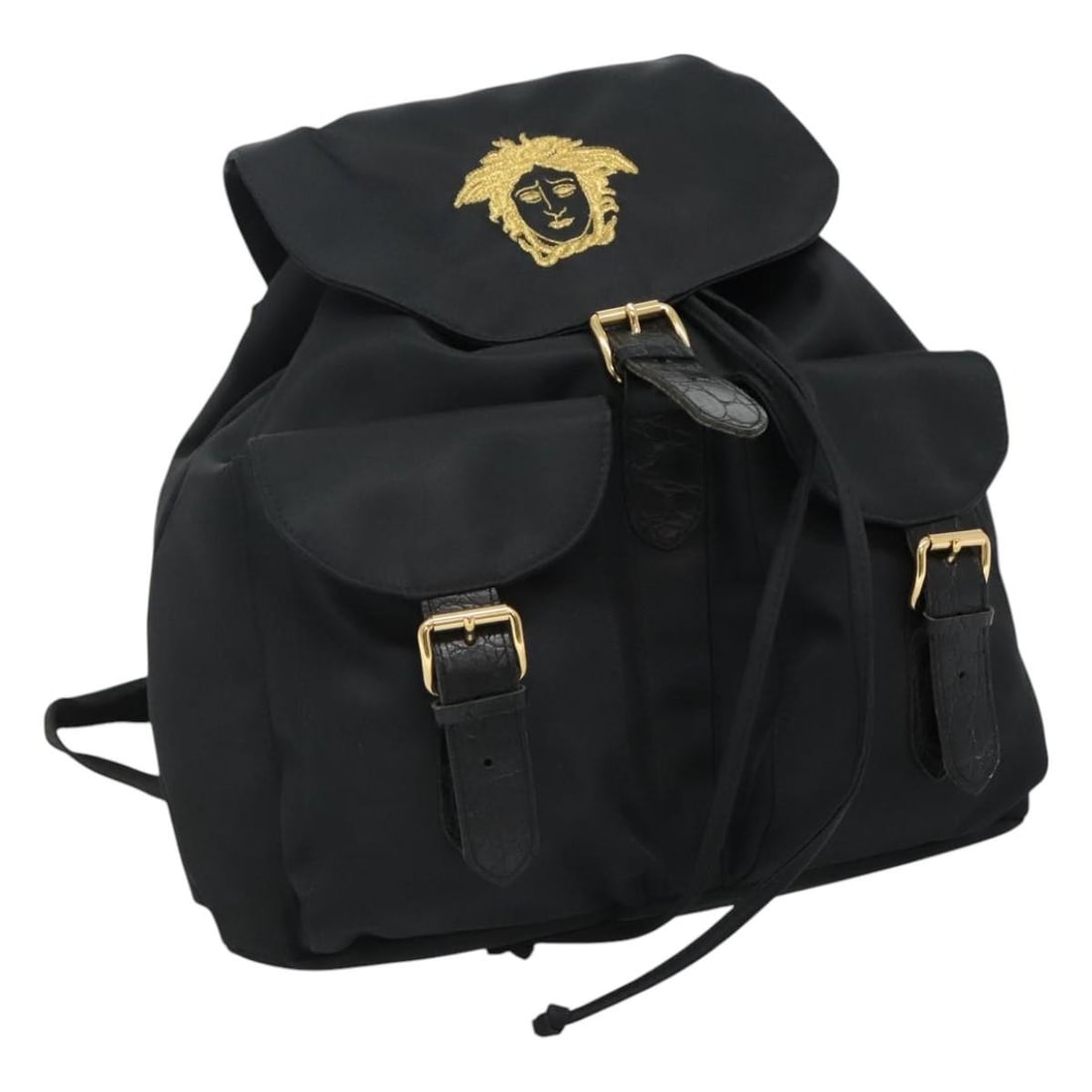 Versace black nylon women's backpack Italy 11.4 x 11.4 x 4.7 inch: Versace black nylon women's backpack Italy 11.4 x 11.4 x 4.7 inch This Gianni Versace backpack is crafted from black nylon and features a classic, practical design. Made in Italy, it measures approxim