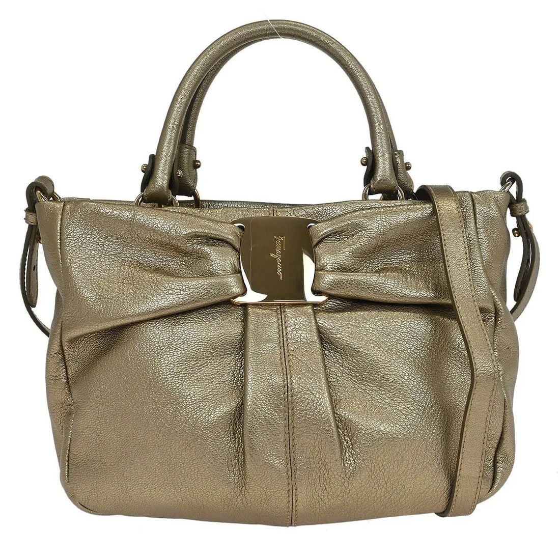 Gold Leather Handbag Salvatore Ferragamo Vala: Gold Leather Handbag Salvatore Ferragamo Vala This Salvatore Ferragamo Vala handbag is crafted from leather in a gold color and designed for women. Made in Italy, it features a structured silhouette w