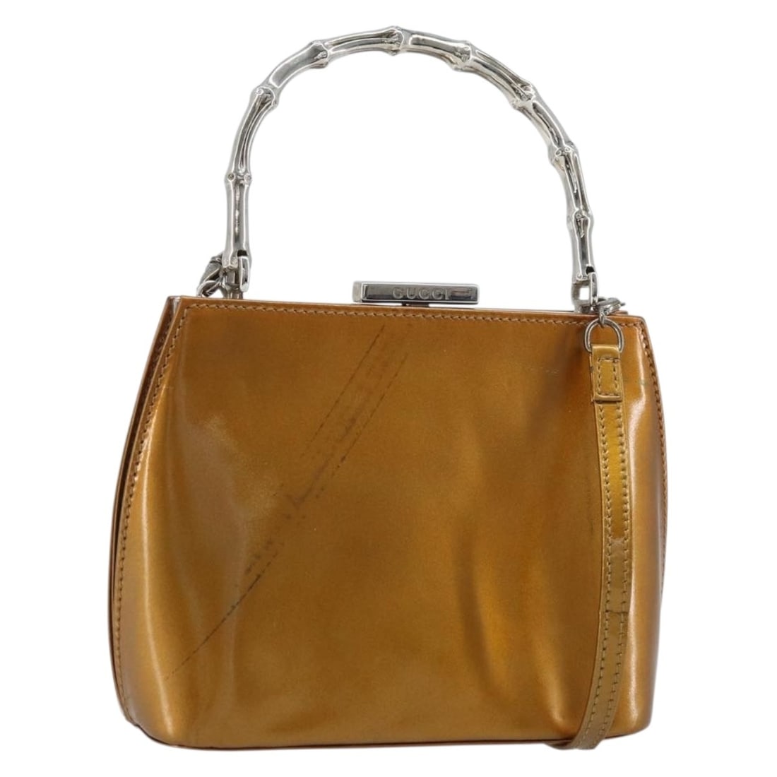 Gucci Patent Leather Bamboo Shoulder Bag Gold Tone 2way with Strap: Gucci Patent Leather Bamboo Shoulder Bag Gold Tone 2way with Strap This GUCCI shoulder bag features a gold tone patent leather exterior and bamboo handle design. Designed for women, it offers a compac