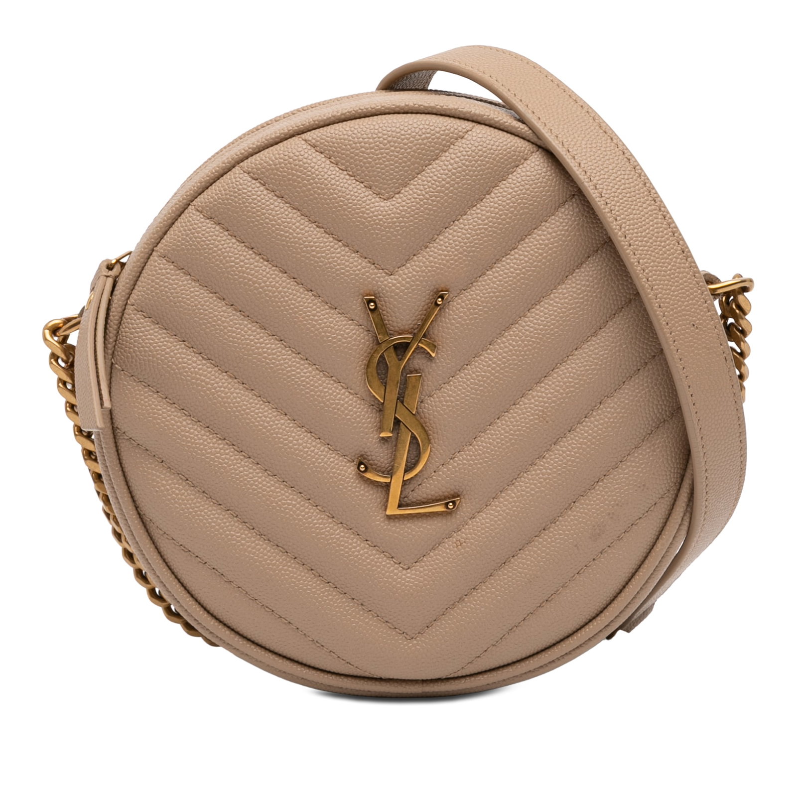 Saint Laurent Grain De Poudre Round Camera Crossbody Bag: Saint Laurent Grain De Poudre Round Camera Crossbody Bag Saint Laurent Grain De Poudre Chevron Round Vinyle Camera Bag in beige grained quilted leather. This crossbody style features a round silhouett