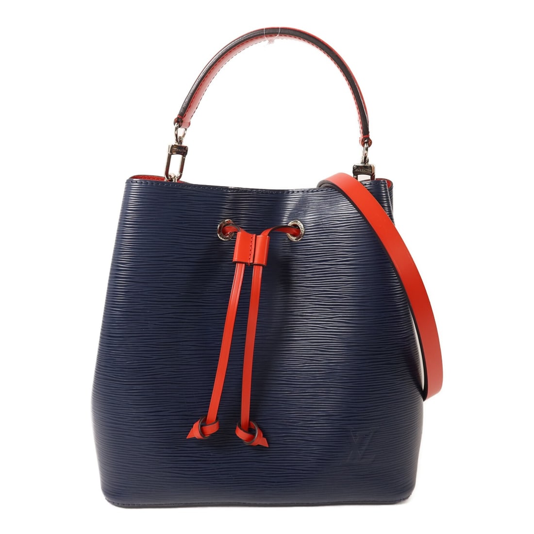 Louis Vuitton NeoNoe MM Navy Red Epi Leather Shoulder Bag with Silver Hardware: Louis Vuitton NeoNoe MM Navy Red Epi Leather Shoulder Bag with Silver Hardware This Louis Vuitton NeoNoe MM 2-way shoulder bag features a stylish navy exterior with red accents, crafted from high-qual
