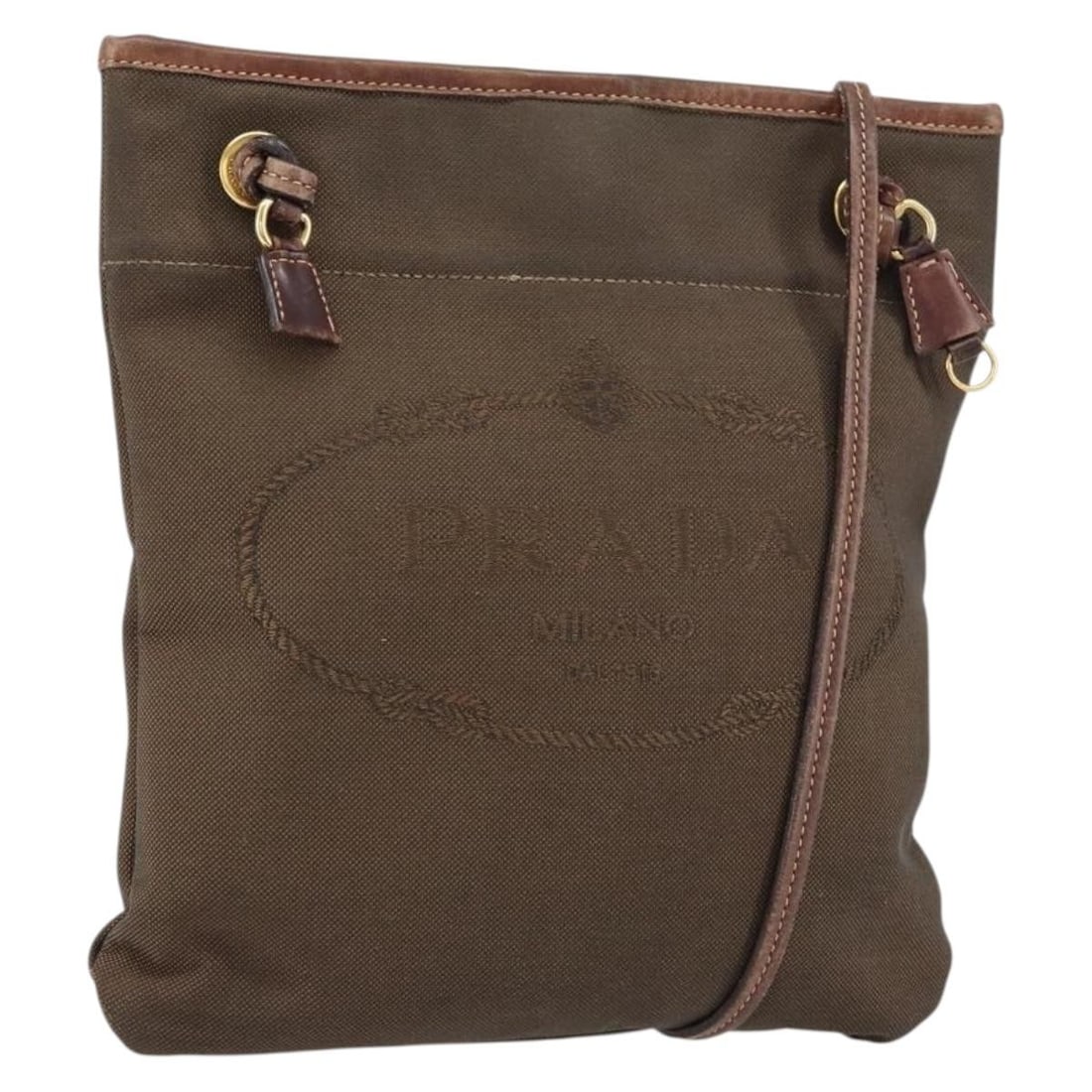 PRADA Dark Brown Canvas Shoulder Bag Gold Hardware Italy Auth: PRADA Dark Brown Canvas Shoulder Bag Gold Hardware Italy Auth This PRADA shoulder bag is crafted from durable canvas in a rich dark brown color accented with gold details. Designed for both style and 