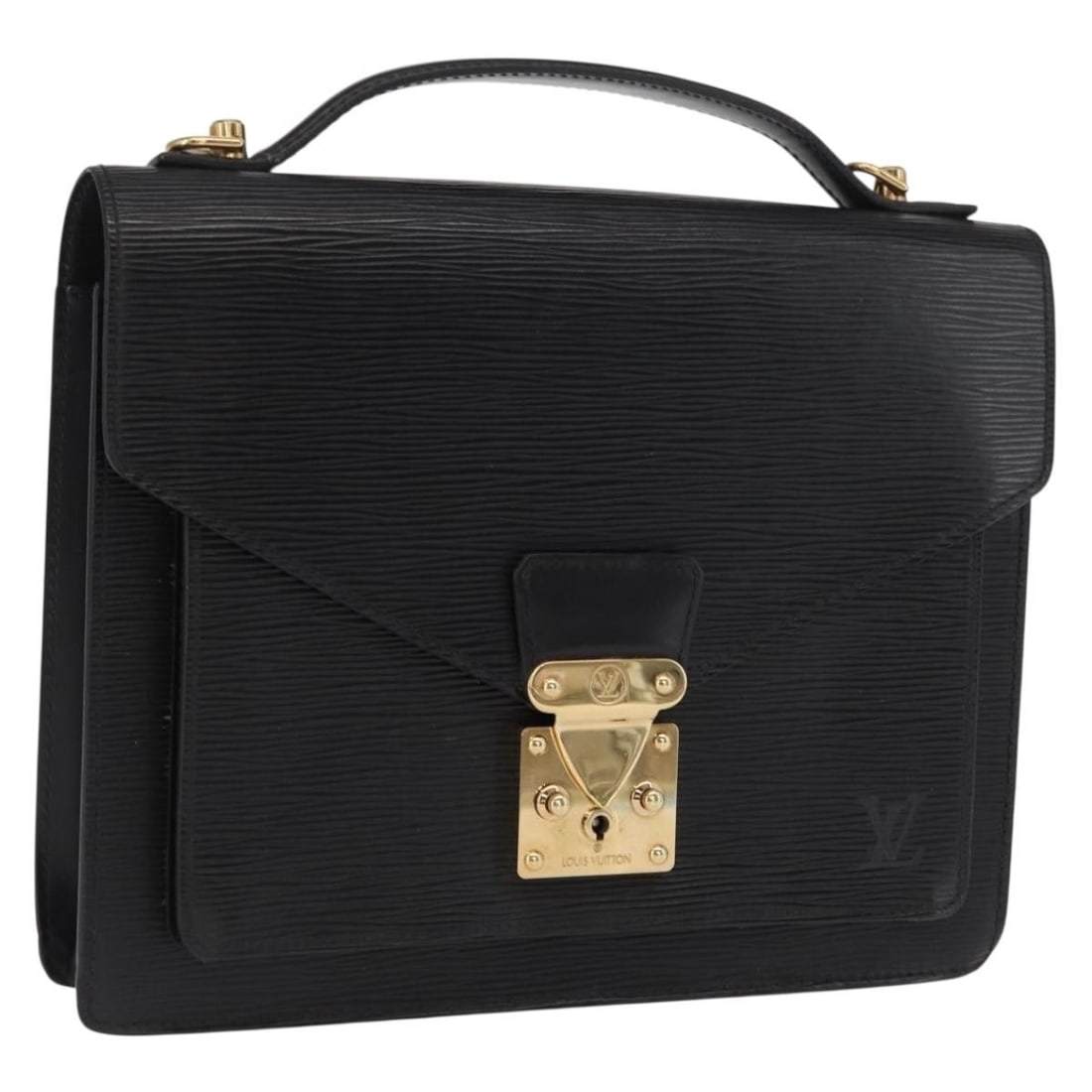 Louis Vuitton Monceau 28 Epi Black Leather Handbag M52122 France: Louis Vuitton Monceau 28 Epi Black Leather Handbag M52122 France This Louis Vuitton Monceau 28 handbag features black Epi leather and is crafted in France. The bag has a structured silhouette with a t