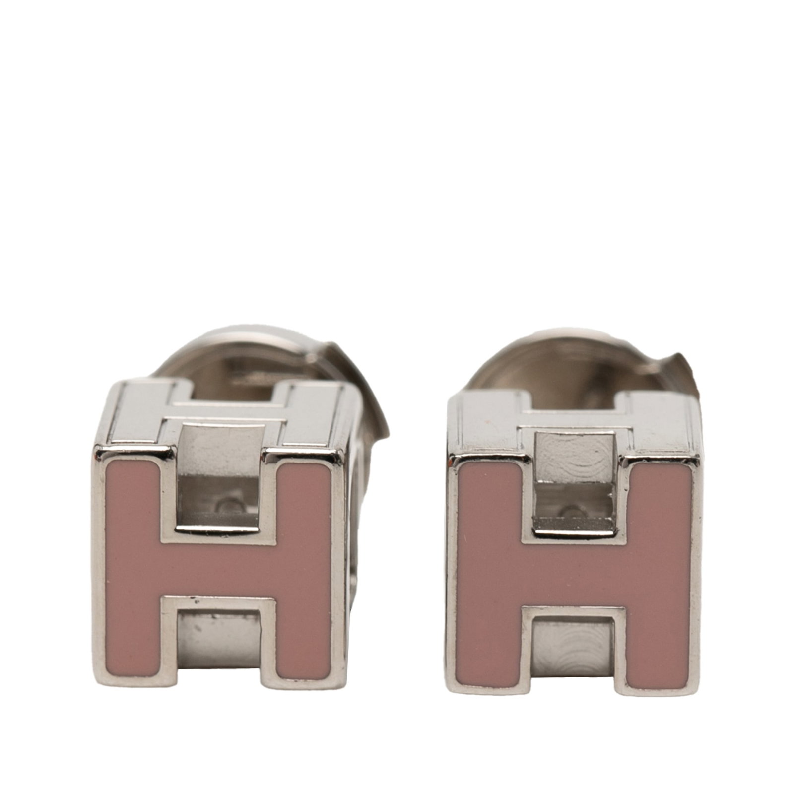 Hermes pink enamel cage D H earrings palladium plated: Hermes pink enamel cage D H earrings palladium plated These Hermes earrings feature a palladium-plated metal body with pink enamel accents and secure push back closures. Classified as costume jewelry,