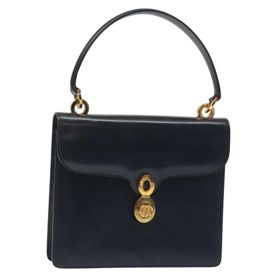GUCCI Navy Leather Hand Bag Gold Tone Italy: GUCCI Navy Leather Hand Bag Gold Tone Italy Gucci women's leather handbag in navy with gold-tone accents, made in Italy. This handbag shows heavy use, with surface wear including loss of shape, rubbin