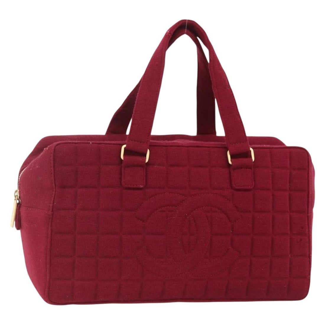 Chanel Choco Bar Bordeaux Cotton Handbag with Gold CC Logo: Chanel Choco Bar Bordeaux Cotton Handbag with Gold CC Logo This CHANEL Choco Bar handbag is crafted from cotton in a Bordeaux and gold color scheme. Designed for women, it features a structured silhou