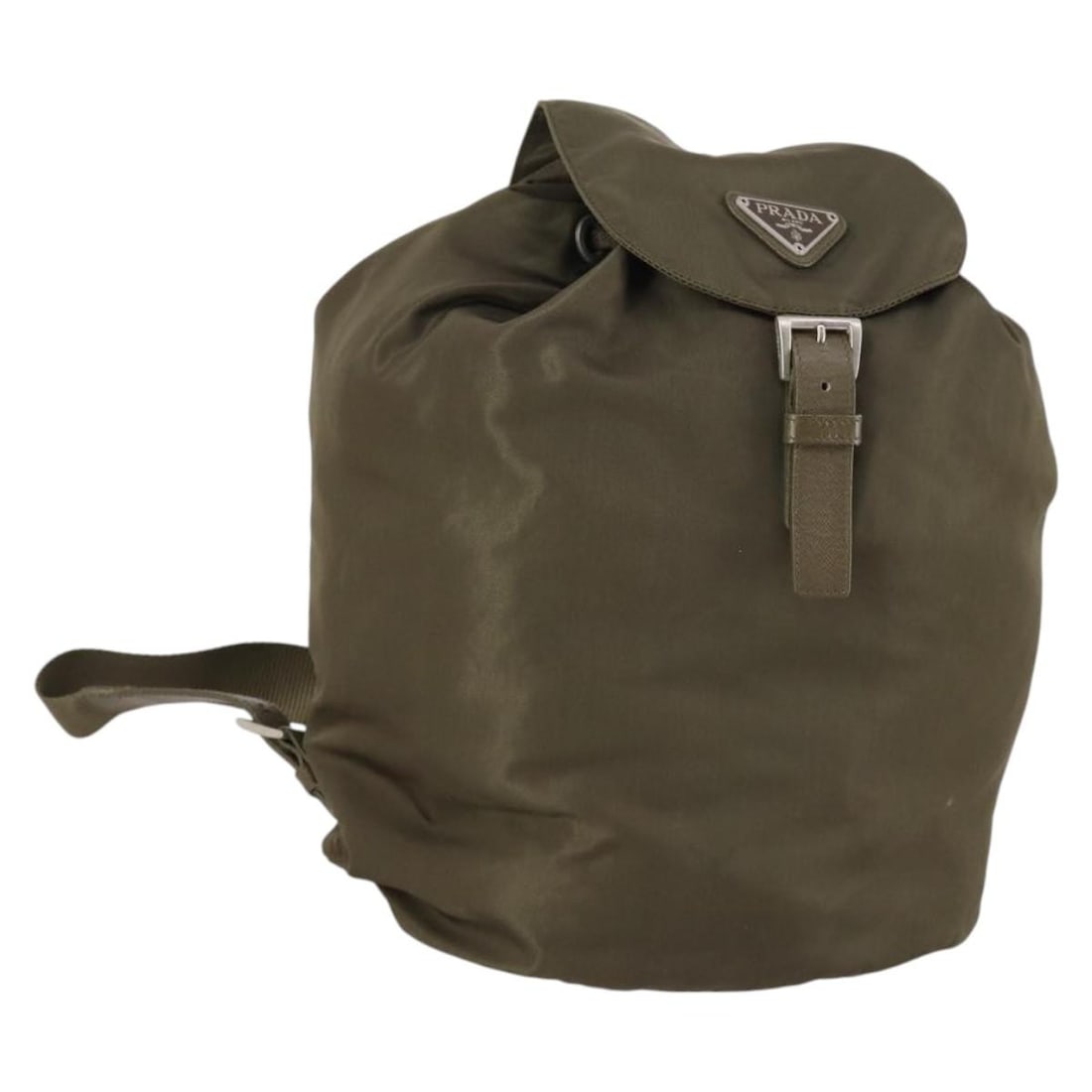 Prada Nylon Backpack in Khaki with Silver Tone Trim: Prada Nylon Backpack in Khaki with Silver Tone Trim Authentic Prada nylon backpack in khaki with silver-tone accents, made in Italy. This women's backpack is heavily used and shows visible wear throug