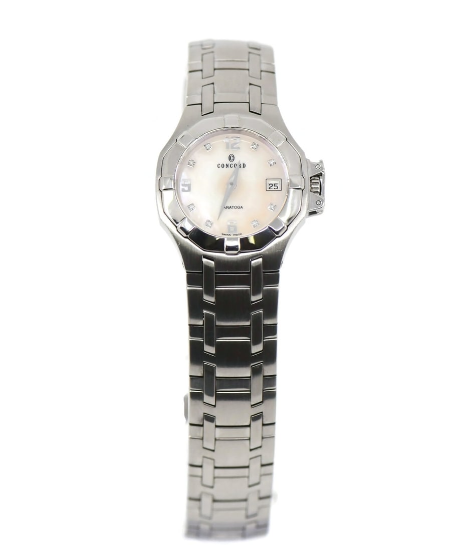 Concord Saratoga Diamond Bezel Stainless Steel Watch 14.E1.1855: Concord Saratoga Diamond Bezel Stainless Steel Watch 14.E1.1855 Discover the elegance of the Concord Saratoga Diamond Stainless Steel Watch, model number 14.E1.1855. This exquisite wristwatch features