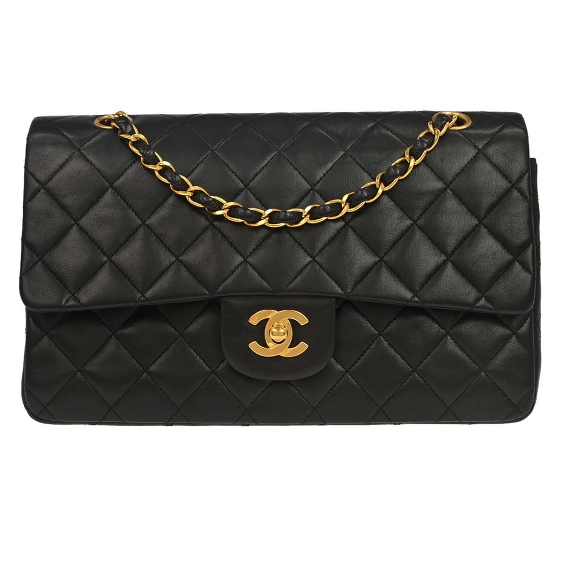CHANEL Classic Double Flap Medium Lambskin Shoulder Bag Black: CHANEL Classic Double Flap Medium Lambskin Shoulder Bag Black Chanel Medium Classic Double Flap shoulder bag in black lambskin leather with a turn-lock closure and shoulder strap. This women's bag is 