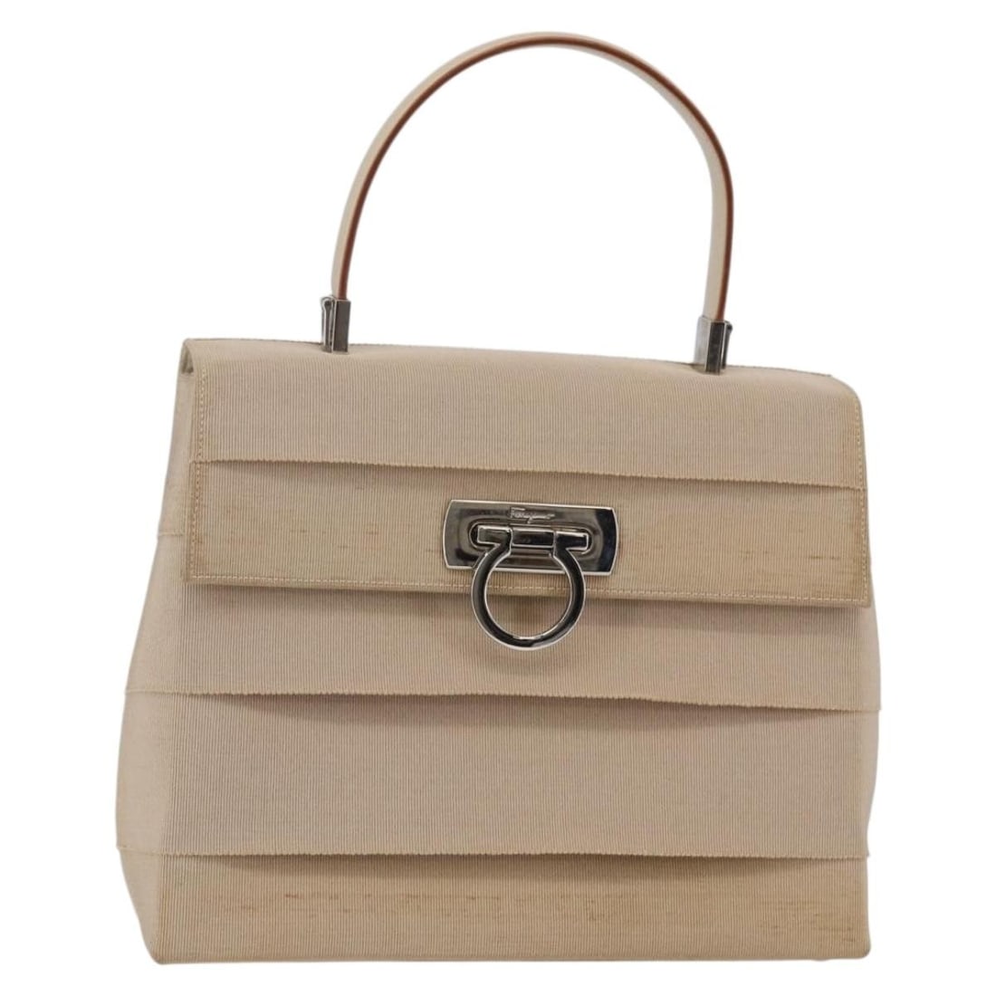 Salvatore Ferragamo Gancini Beige Silver Canvas Hand Bag Italy Auth BA6378: Salvatore Ferragamo Gancini Beige Silver Canvas Hand Bag Italy Auth BA6378 This Salvatore Ferragamo Gancini Hand Bag showcases a stylish blend of beige and silver canvas, designed for both elegance an