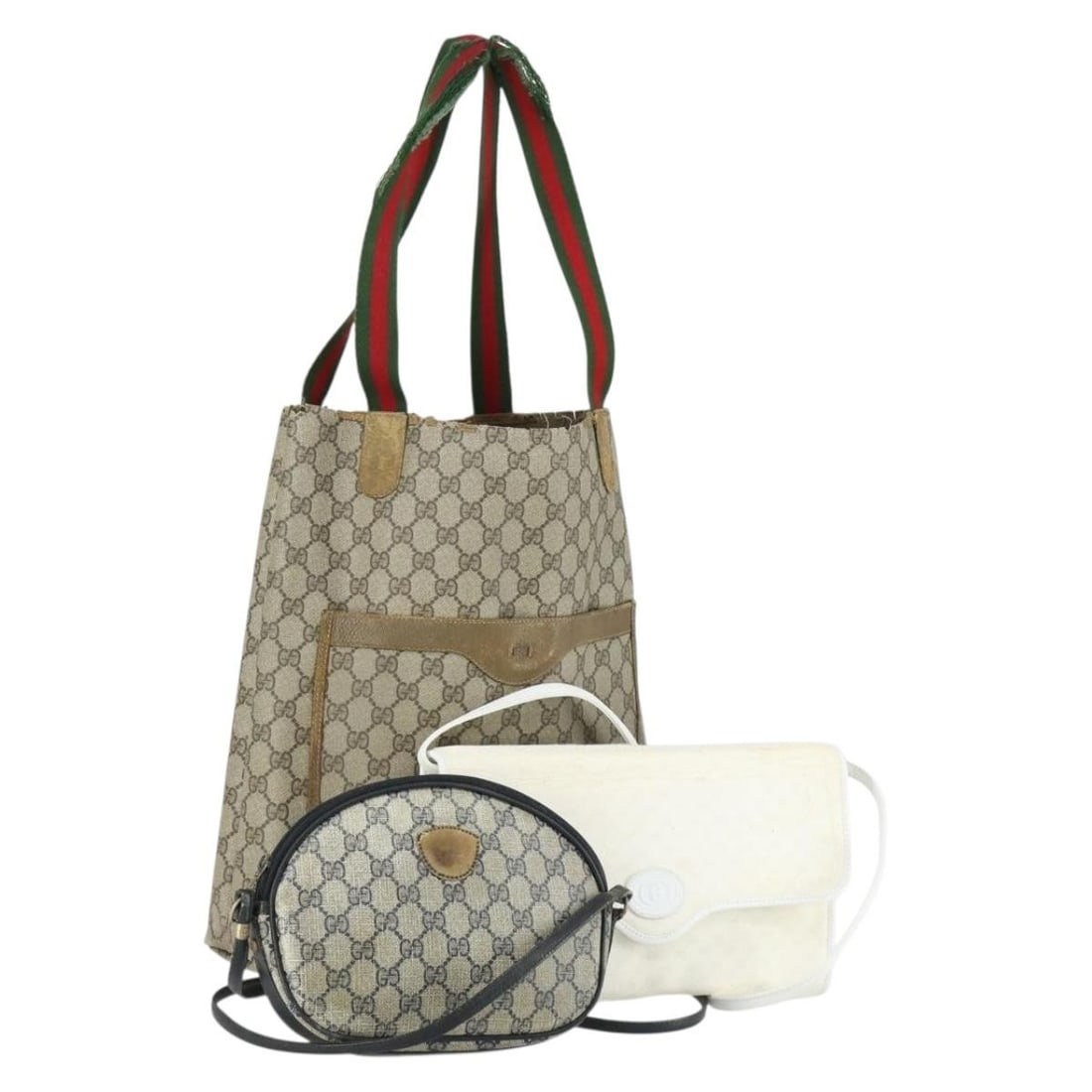 Set of 3 Gucci GG Supreme Web Sherry Line Beige Gold PVC Shoulder Bags: Set of 3 Gucci GG Supreme Web Sherry Line Beige Gold PVC Shoulder Bags This is a Gucci GG Supreme Web Sherry Line shoulder bag set, featuring three pieces crafted from beige and gold PVC leather and G