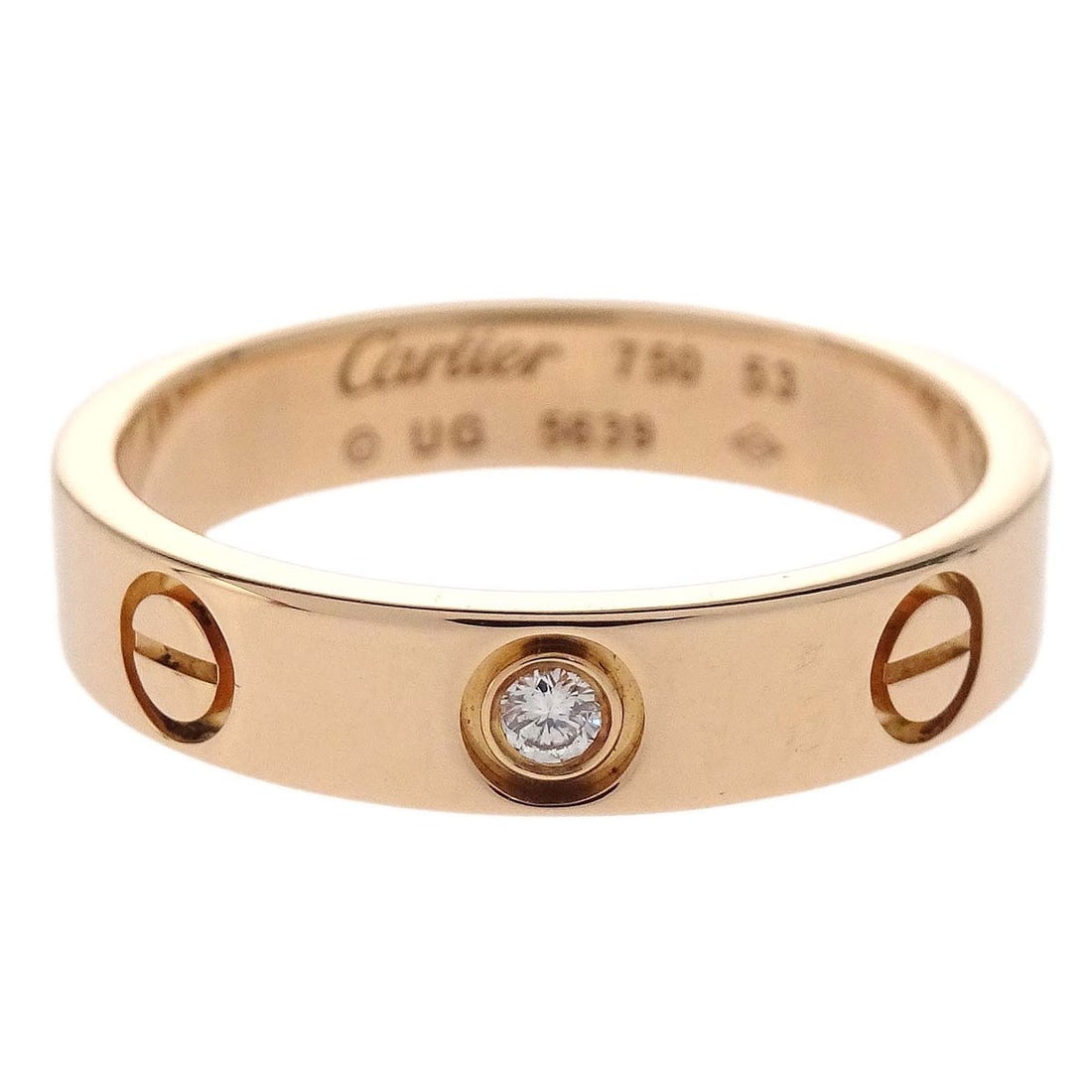 Cartier Mini Love Rose Gold Diamond Ring Au750 Size 53: Cartier Mini Love Rose Gold Diamond Ring Au750 Size 53 Vintage Cartier Mini Love ring crafted in Au750 rose gold with a round diamond accent. This ring is marked size #53, with an actual measured size