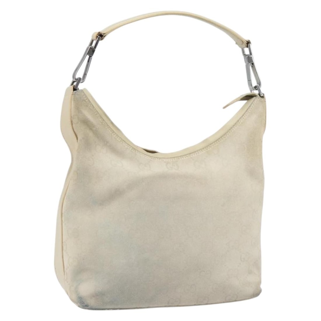 GUCCI GG Canvas Suede Shoulder Bag White Silver 000 0602 Auth: GUCCI GG Canvas Suede Shoulder Bag White Silver 000 0602 Auth This GUCCI GG Canvas Shoulder Bag combines luxury and style with its elegant white suede exterior and silver accents. Crafted in Italy, it