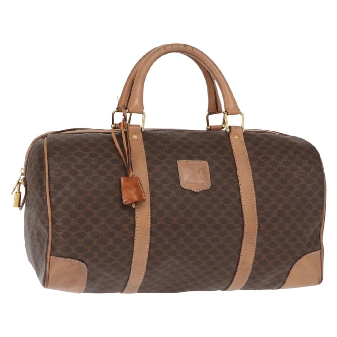 CELINE Macadam Canvas Boston Bag PVC Brown Gold with Accessories: CELINE Macadam Canvas Boston Bag PVC Brown Gold with Accessories This Celine Boston Bag features a striking combination of brown and gold in its design, crafted from durable PVC leather and Macadam ca