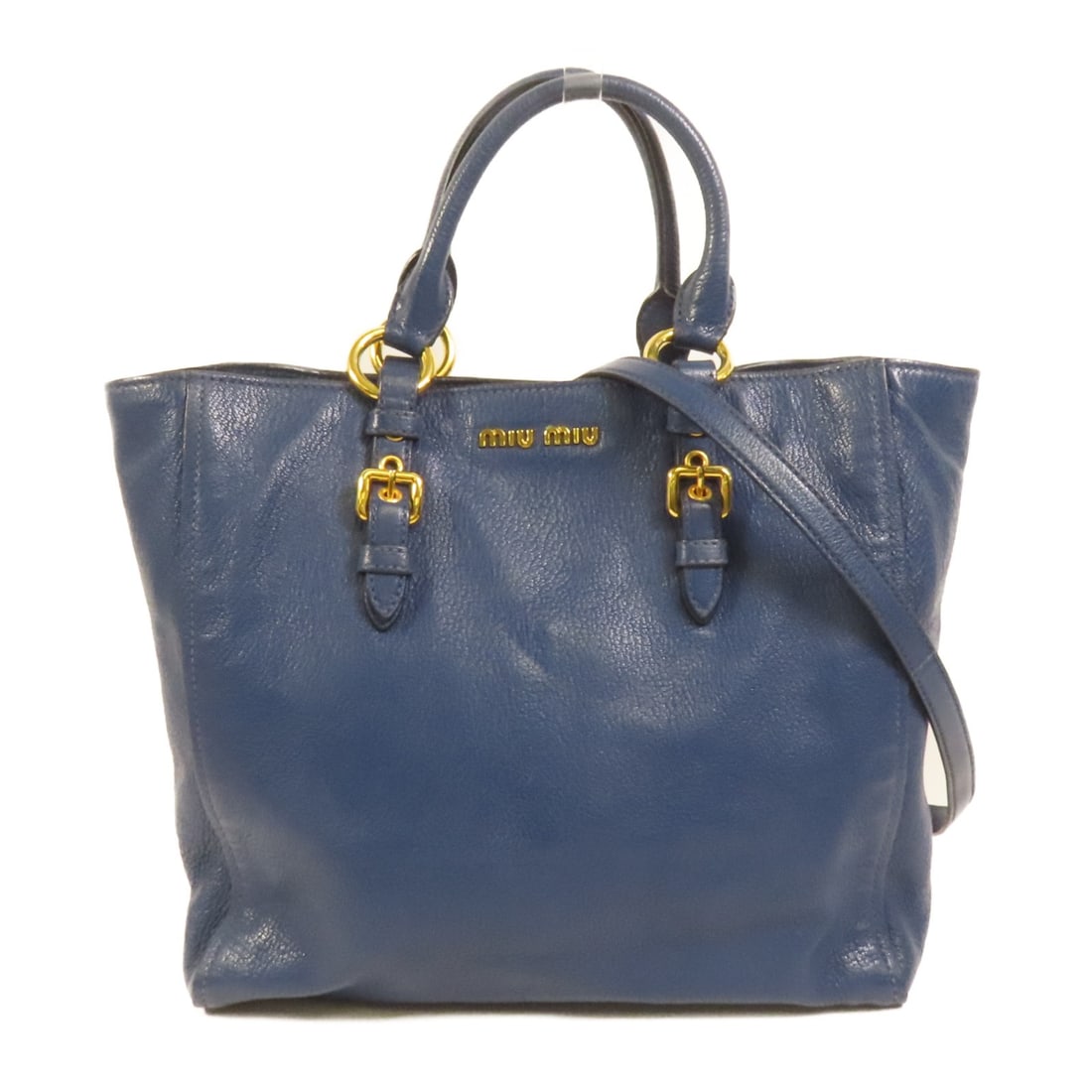Miu Miu Blue Leather 2way Shoulder Handbag with Gold Hardware: Miu Miu Blue Leather 2way Shoulder Handbag with Gold Hardware This MIU MIU 2-way shoulder bag features a blue leather exterior and gold hardware. Designed for versatility, it can be carried by hand or