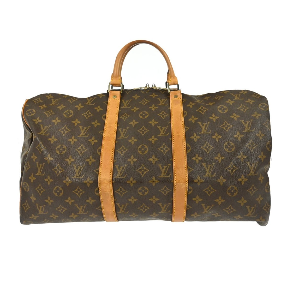 Louis Vuitton Keepall Bandouliere 50 Monogram Travel Bag M41416: Louis Vuitton Keepall Bandouliere 50 Monogram Travel Bag M41416 Vintage Louis Vuitton Keepall 50 Bandouliere handbag in brown Monogram canvas with leather handles and trim. This unisex travel bag feat