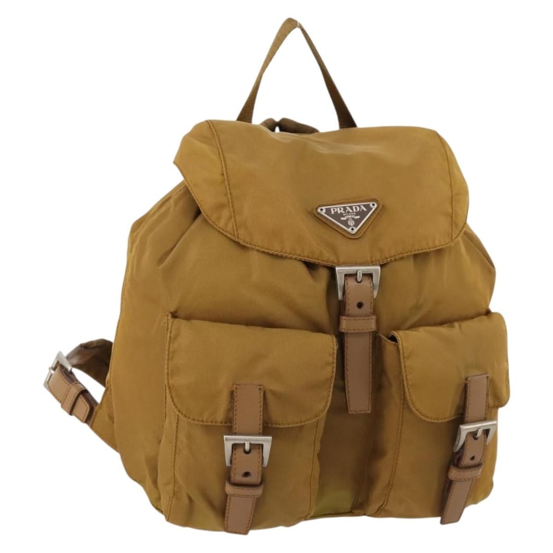 Prada beige nylon women s backpack with guarantee card: Prada beige nylon women s backpack with guarantee card This PRADA backpack features a beige and silver nylon exterior and is designed for women. Made in Italy, the bag measures approximately 24 cm in 