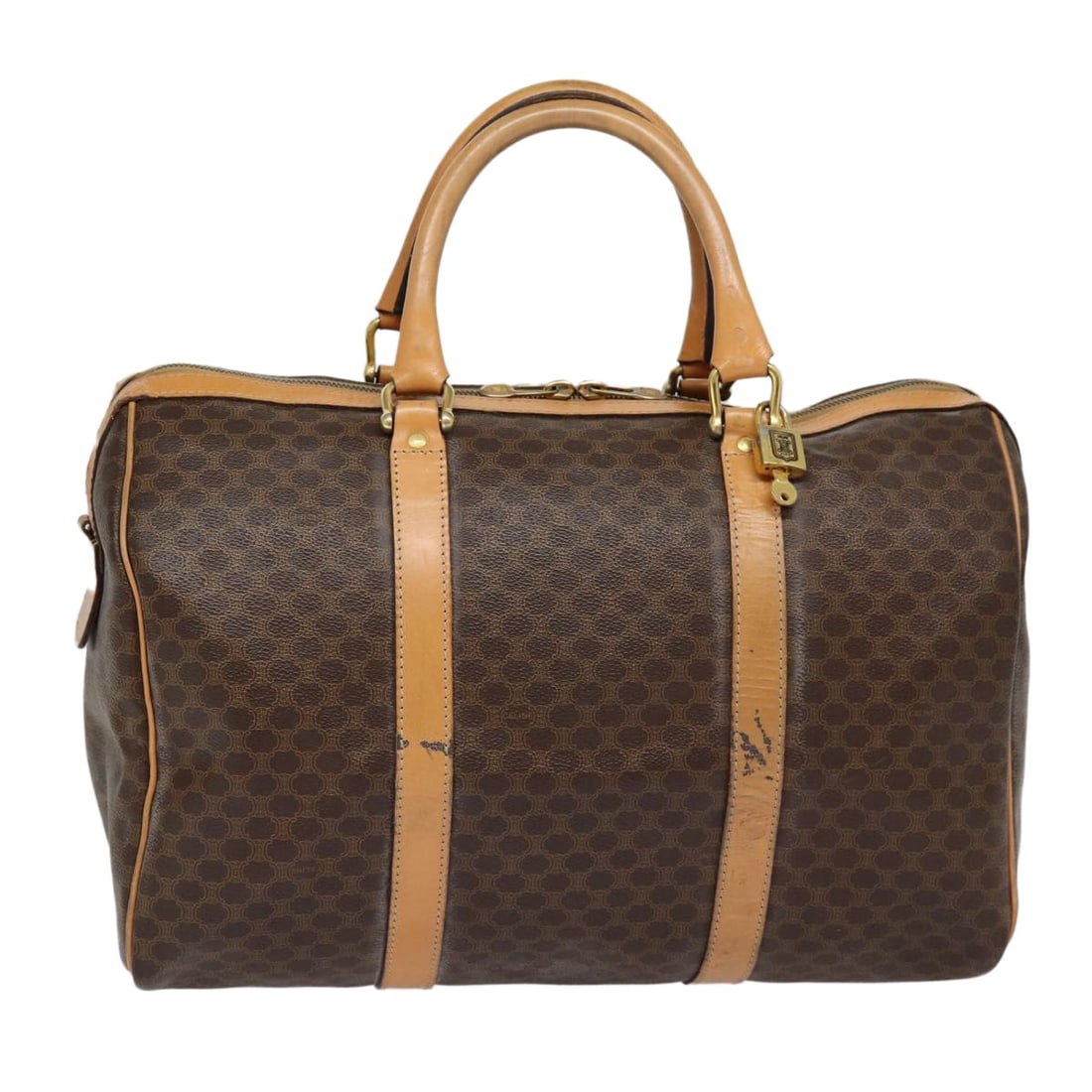 CELINE Macadam Canvas Brown Boston Bag Padlock Key France: CELINE Macadam Canvas Brown Boston Bag Padlock Key France This CELINE Boston Bag features the brand's signature Macadam canvas with PVC leather accents in a classic brown color. Designed for women, th