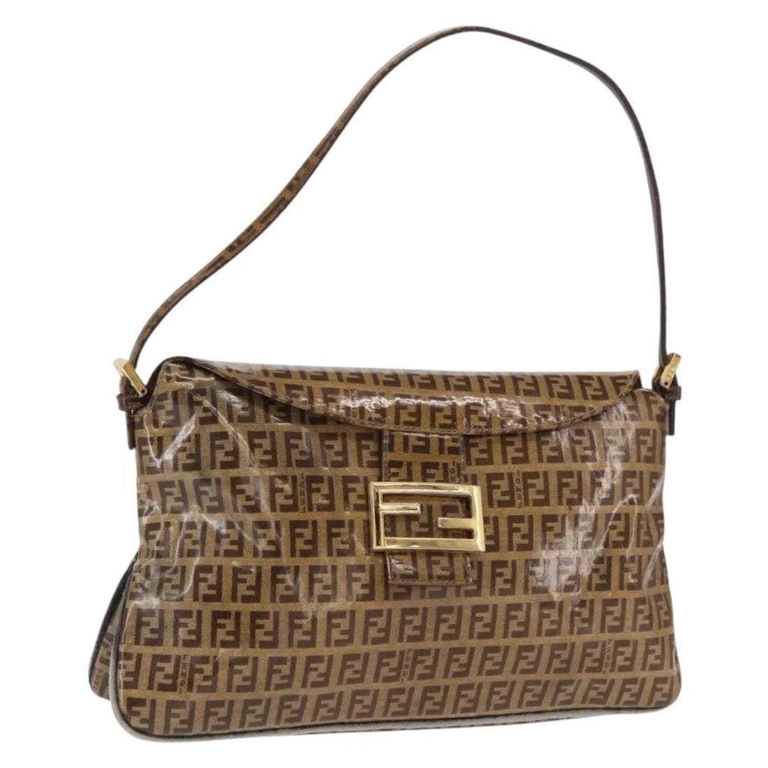 Fendi Mamma Baguette Shoulder Bag Brown PVC Gold Tone Hardware: Fendi Mamma Baguette Shoulder Bag Brown PVC Gold Tone Hardware Fendi Mamma Baguette shoulder bag in brown PVC. This pre-owned bag is presented in good, worn condition with visible signs of use through