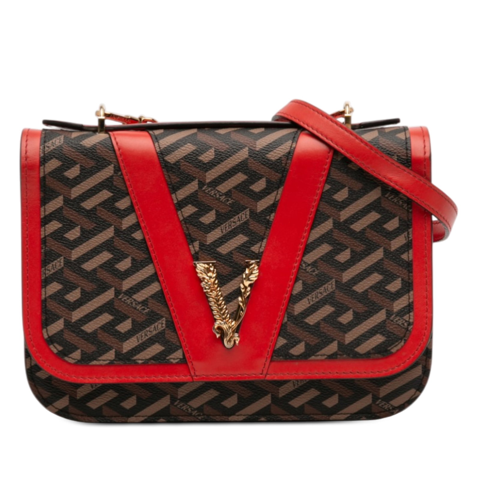 Versace La Greca Virtus Brown Coated Canvas Satchel with Chain Strap: Versace La Greca Virtus Brown Coated Canvas Satchel with Chain Strap The Versace La Greca Coated Canvas Virtus Satchel showcases a coated canvas body with leather trim, featuring a flat handle, an adj