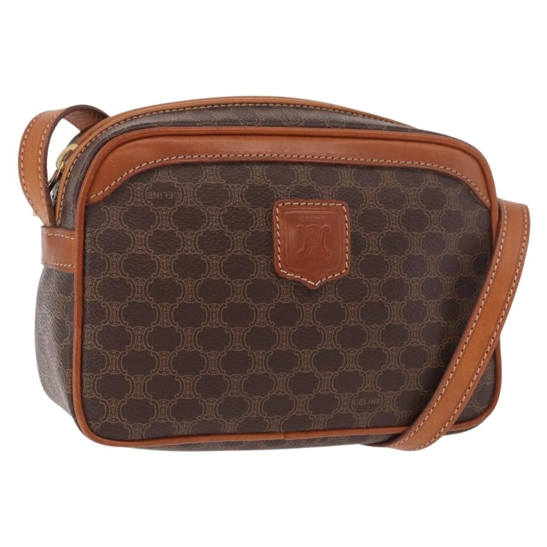 CELINE Macadam Shoulder Bag Brown PVC Leather Gold Tone: CELINE Macadam Shoulder Bag Brown PVC Leather Gold Tone Celine shoulder bag in brown Macadam canvas with PVC leather trim and gold-tone accents. Made in Italy, this women's bag includes the item only;