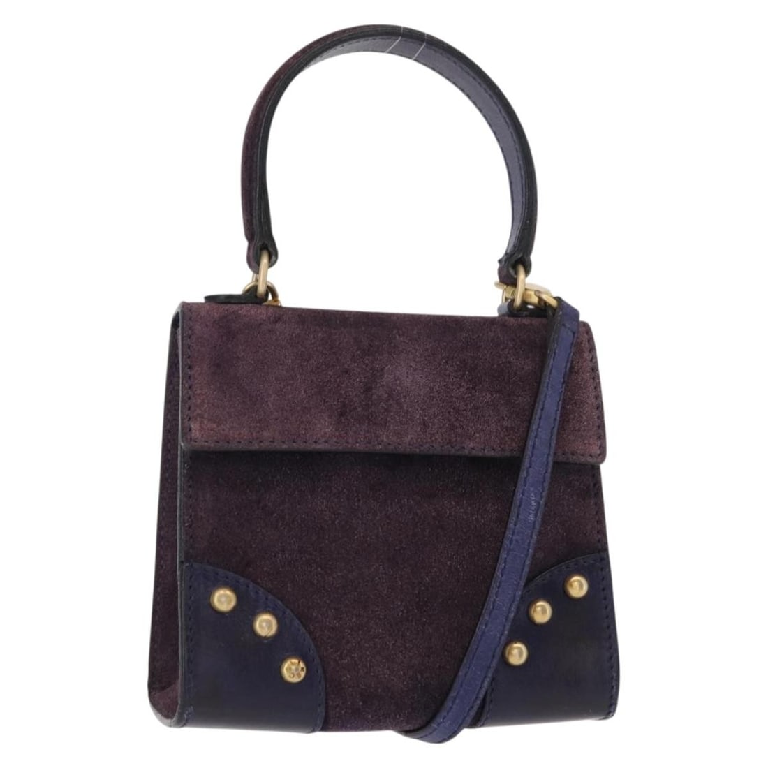 CELINE Purple Gold Suede 2way Hand Bag with Shoulder Strap: CELINE Purple Gold Suede 2way Hand Bag with Shoulder Strap This exquisite CELINE handbag showcases a luxurious purple suede exterior with elegant gold accents, offering a chic and stylish touch. Craft