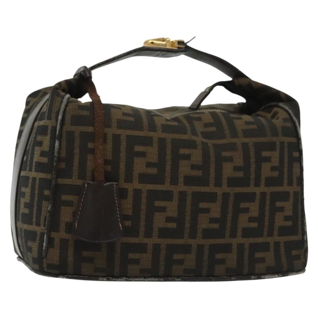 Fendi Zucca Canvas Vanity Pouch Black Brown Gold with Key and Clochette: Fendi Zucca Canvas Vanity Pouch Black Brown Gold with Key and Clochette This FENDI Zucca Canvas vanity pouch features the iconic black, brown, and gold Zucca canvas exterior. Designed in a pouch style