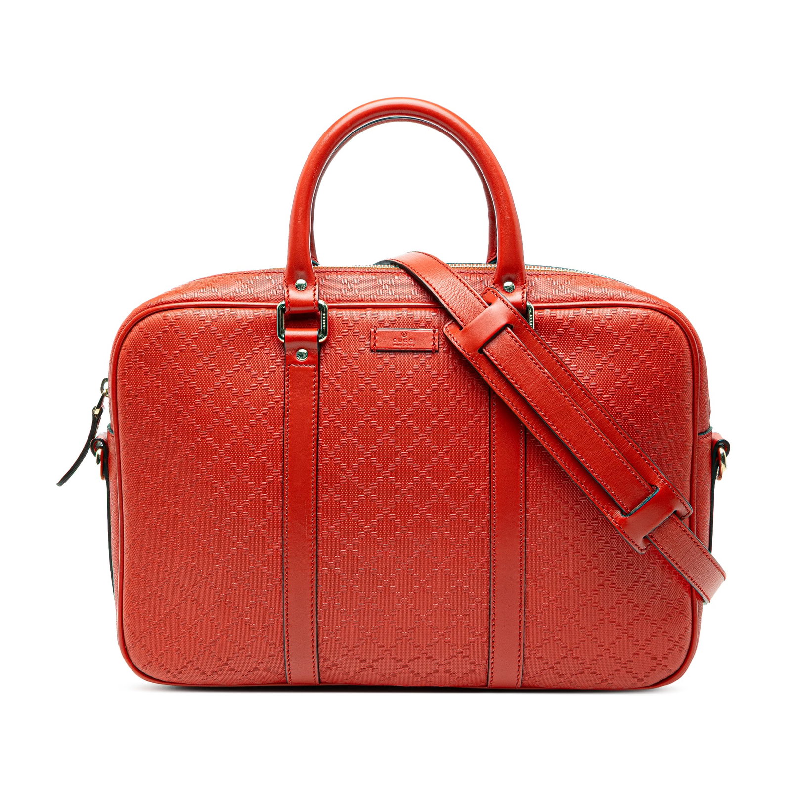 Red Leather Gucci Diamante Medium Business Bag with Detachable Strap: Red Leather Gucci Diamante Medium Business Bag with Detachable Strap This Gucci Medium Diamante Bright Leather Business Bag features a red leather body with rolled leather handles and a detachable fla