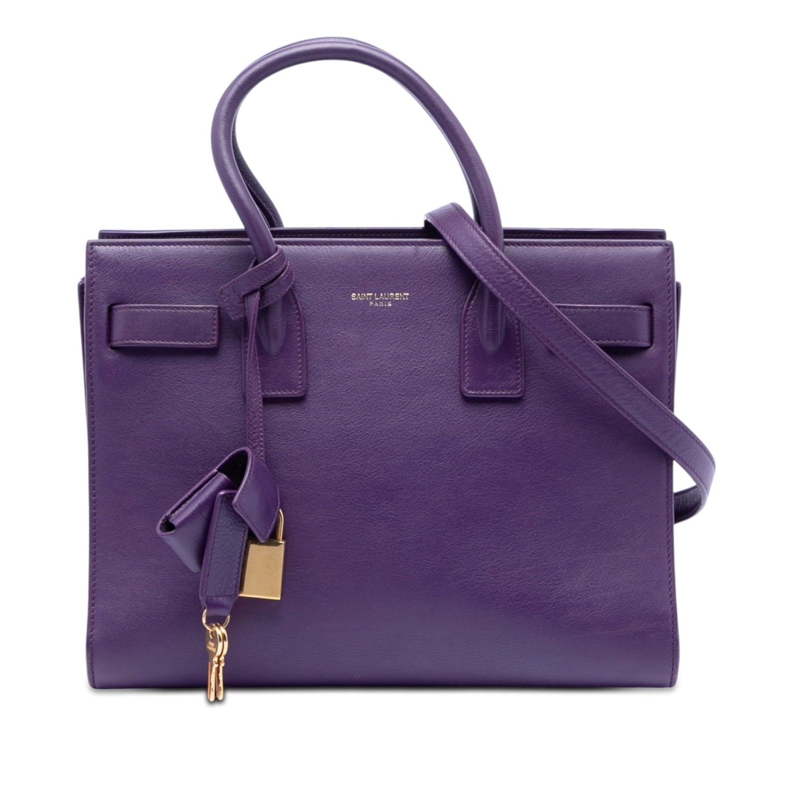 Purple Saint Laurent Sac De Jour Leather Satchel: Purple Saint Laurent Sac De Jour Leather Satchel This Saint Laurent Baby Leather Sac De Jour Satchel features a sophisticated purple leather body with rolled leather handles and a detachable flat leat
