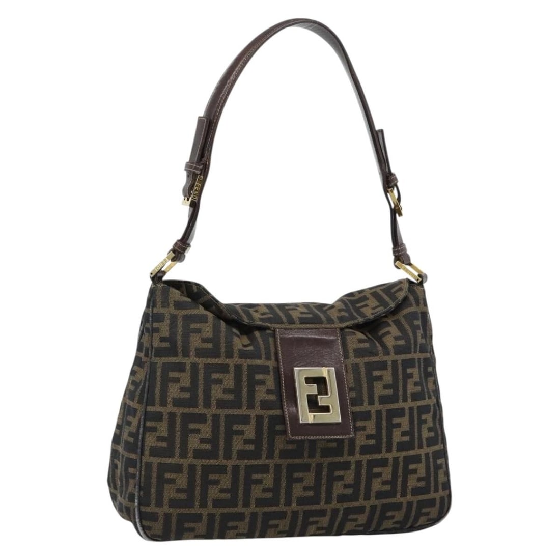 FENDI Mamma Baguette Shoulder Bag in Black Brown Zucca Canvas: FENDI Mamma Baguette Shoulder Bag in Black Brown Zucca Canvas Authentic FENDI Mamma Baguette shoulder bag in black and brown Zucca canvas. This women's shoulder bag is made in Italy and features a com