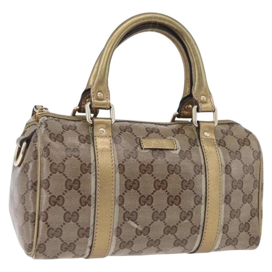 Gucci GG Crystal coated canvas Boston handbag beige gold: Gucci GG Crystal coated canvas Boston handbag beige gold Gucci GG Crystal Boston bag in beige and gold coated canvas. Made in Italy, this women's handbag is offered as the item only; the box and dust 