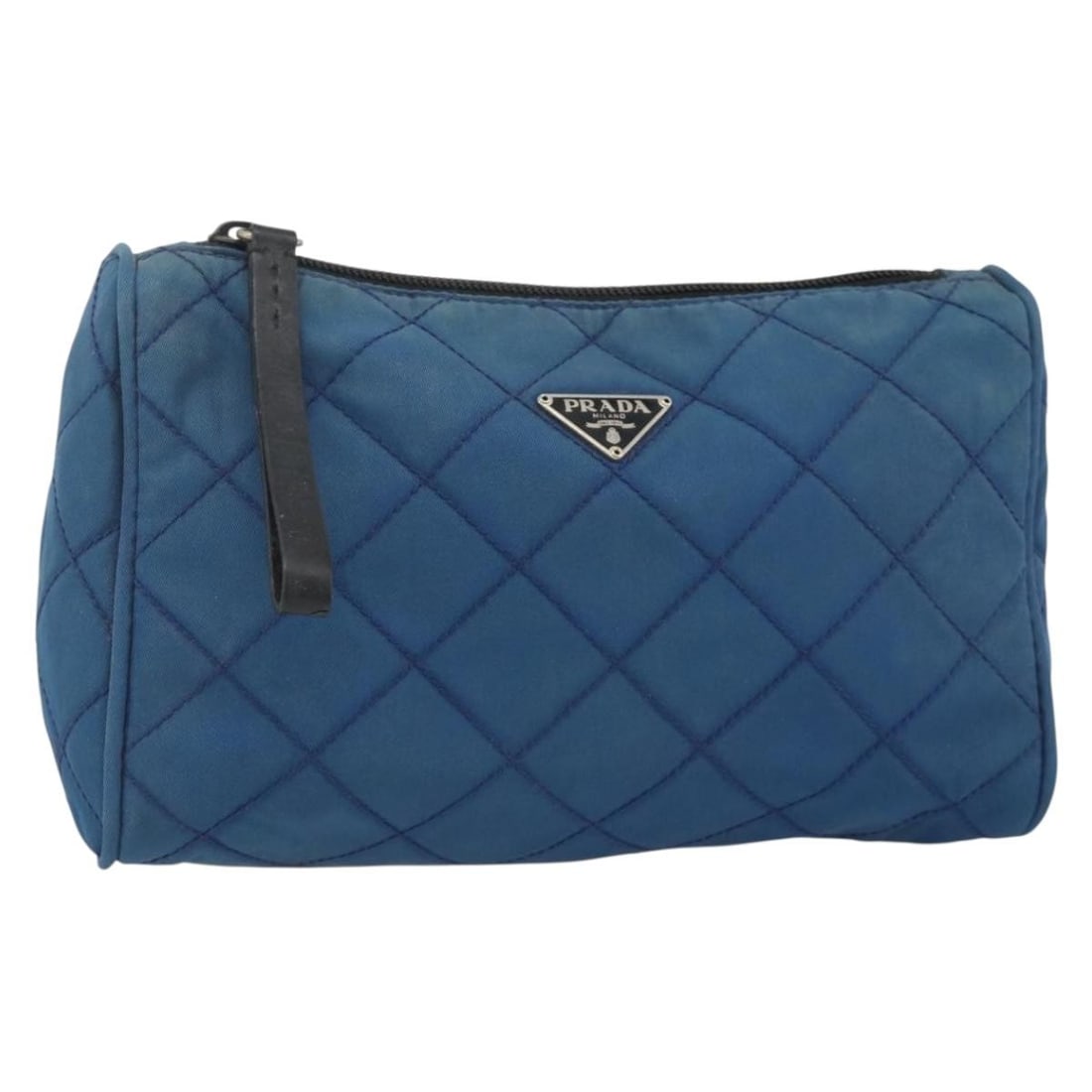 Blue Nylon Women's Pouch by Prada with Silver Tone Details: Blue Nylon Women's Pouch by Prada with Silver Tone Details This PRADA pouch is crafted from blue and silver nylon, offering a lightweight and functional accessory for everyday use. Designed for women,