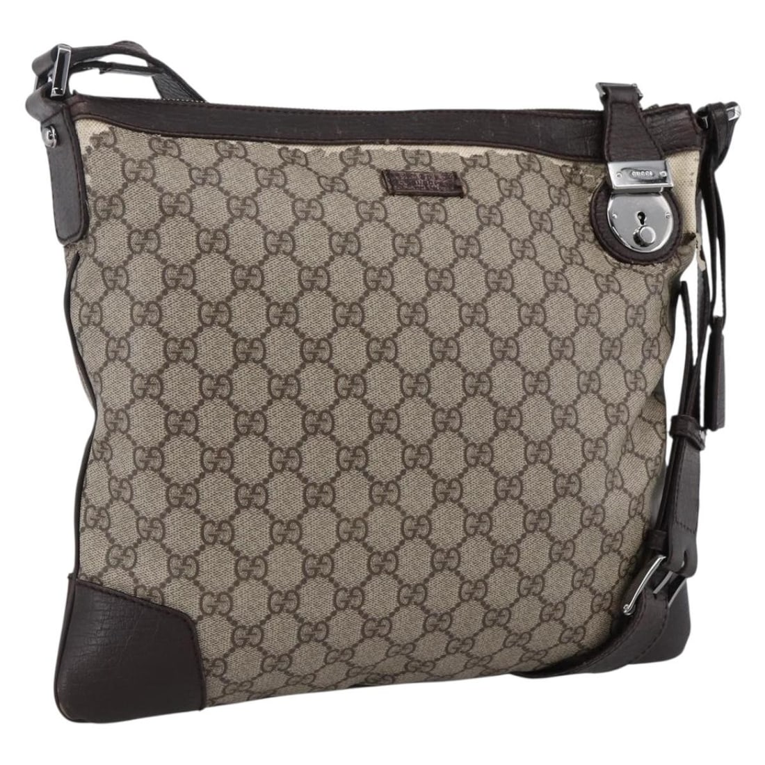 Gucci GG Supreme Beige Silver Shoulder Bag 148476: Gucci GG Supreme Beige Silver Shoulder Bag 148476 This is a GUCCI GG Supreme Shoulder Bag crafted from beige and silver PVC leather with GG canvas accents. Designed for women, the bag features a spaci