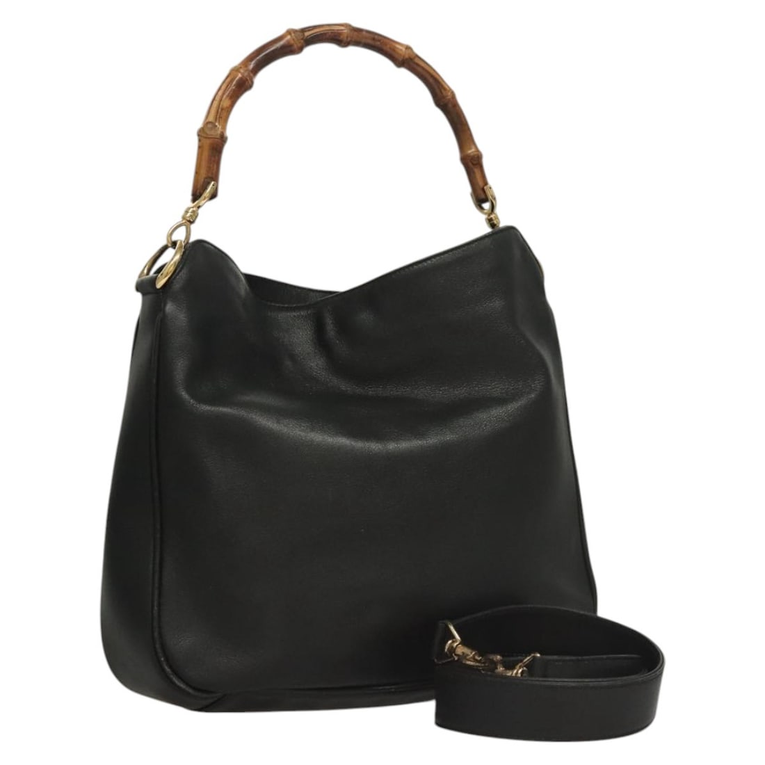 Gucci Black Leather Bamboo Top Handle Bag With Shoulder Strap 001 3444 1638: Gucci Black Leather Bamboo Top Handle Bag With Shoulder Strap 001 3444 1638 This GUCCI Bamboo handbag, crafted from black leather with gold-tone accents, offers versatile style as both a handbag and a