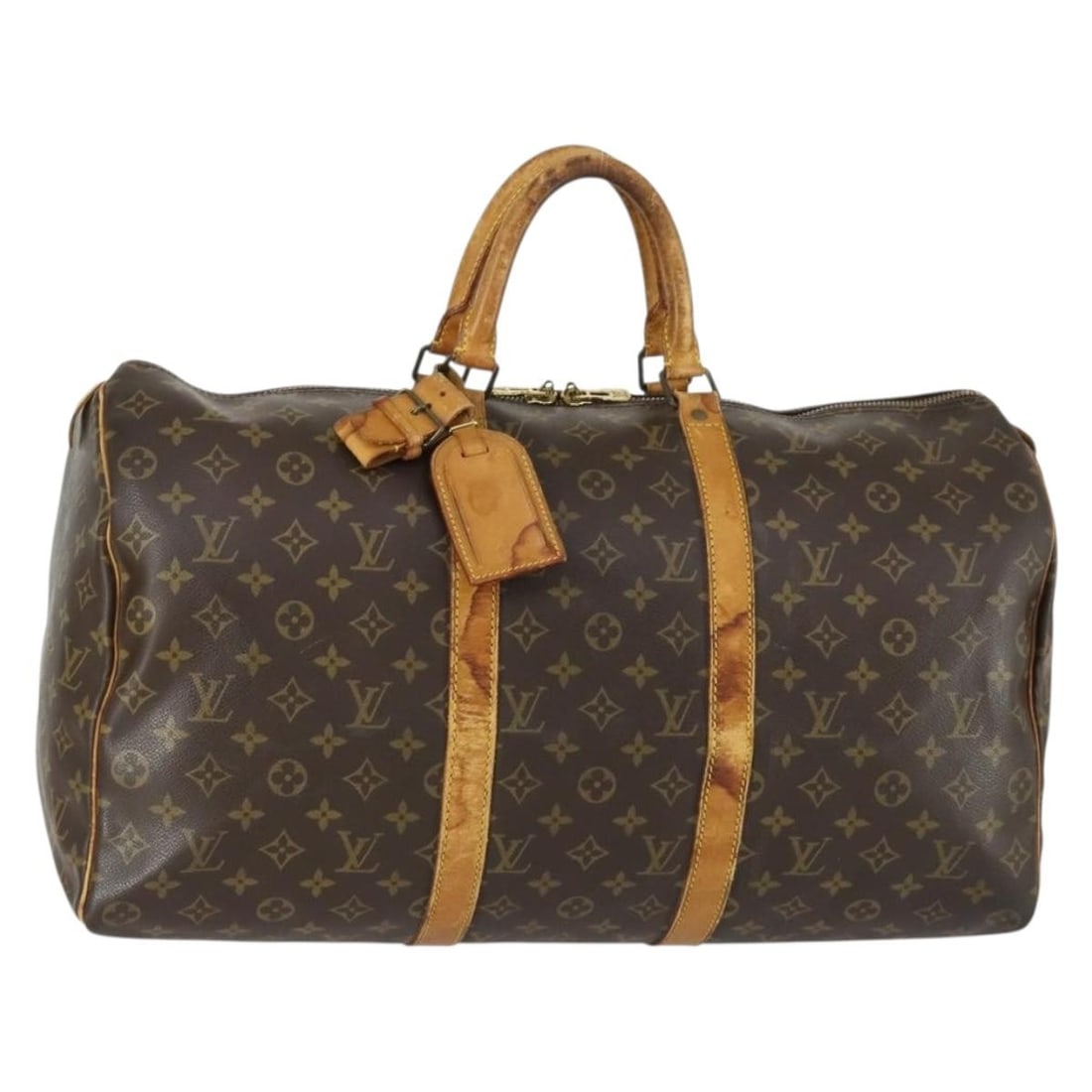 Louis Vuitton M41426 Keepall 50 Monogram Canvas Boston Bag: Louis Vuitton M41426 Keepall 50 Monogram Canvas Boston Bag Louis Vuitton Keepall 50 Boston bag in Monogram canvas, model M41426, made in France. Includes a name tag and Powanie. Condition is heavily u