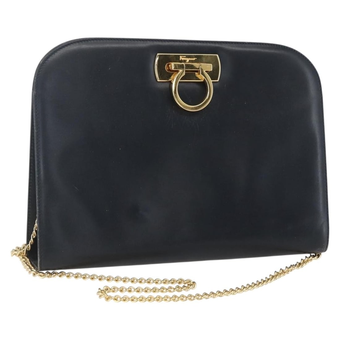 Navy Leather Gancini Shoulder Bag by Salvatore Ferragamo with Gold Chain: Navy Leather Gancini Shoulder Bag by Salvatore Ferragamo with Gold Chain This Salvatore Ferragamo Gancini chain shoulder bag features navy leather with gold-tone accents. Designed as a shoulder bag, i