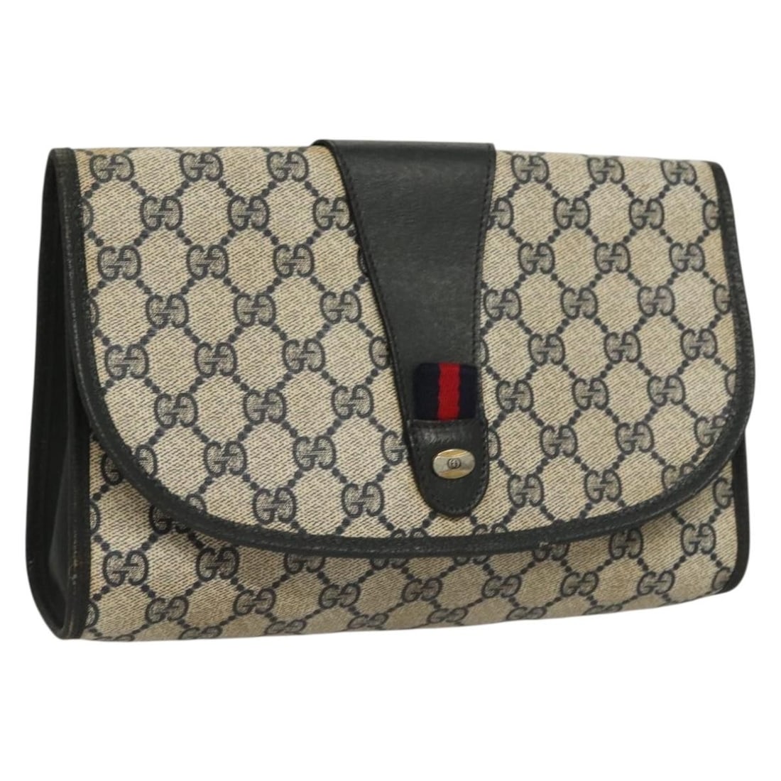 GUCCI GG Supreme Sherry Line Navy PVC Clutch Bag 89 01 030 Auth: GUCCI GG Supreme Sherry Line Navy PVC Clutch Bag 89 01 030 Auth This GUCCI GG Supreme Sherry Line Clutch Bag combines sophistication and style. Crafted from high-quality PVC leather in a classic navy 
