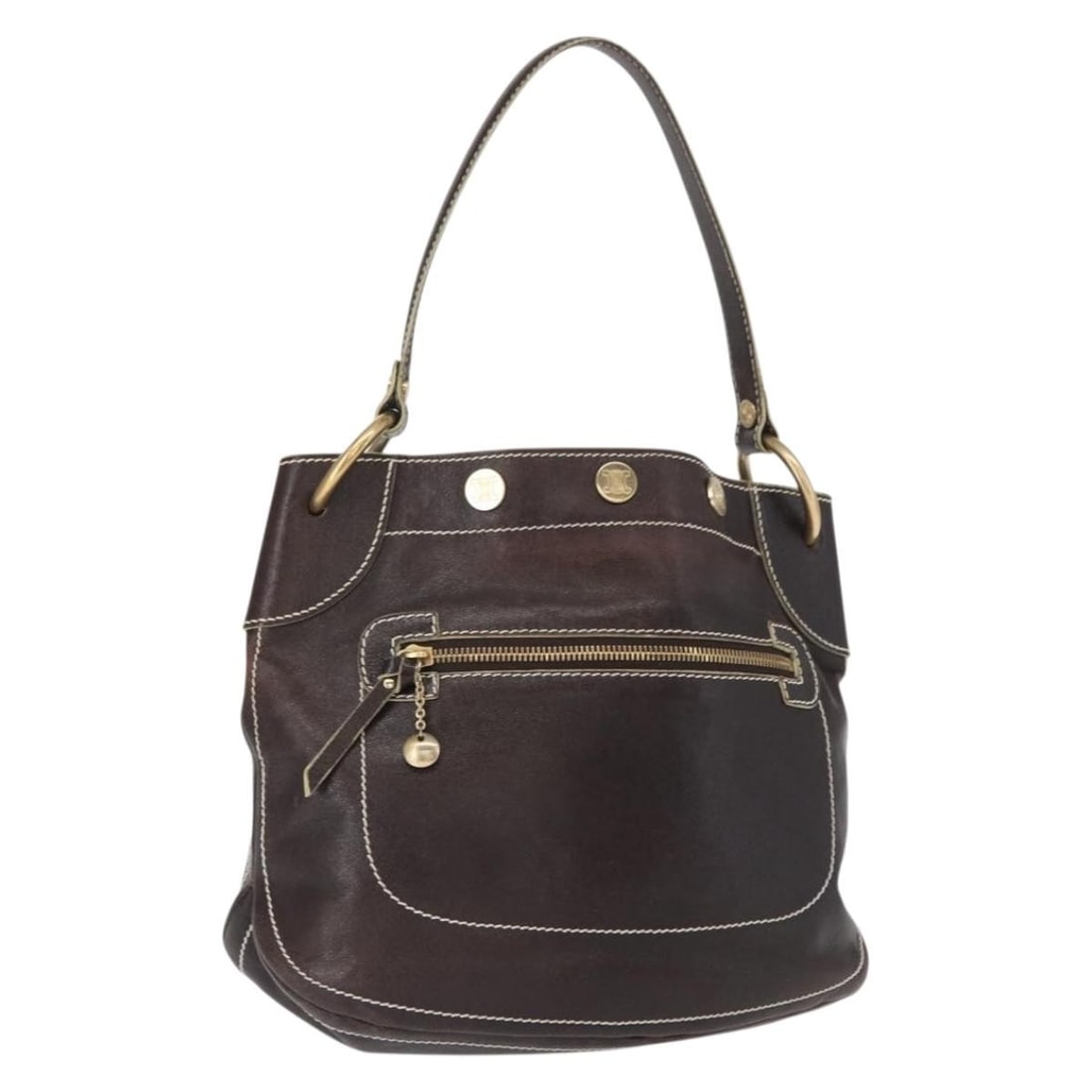 Dark Brown Leather CELINE Shoulder Bag with Gold Accents Italy: Dark Brown Leather CELINE Shoulder Bag with Gold Accents Italy This CELINE shoulder bag features dark brown leather with gold-tone accents. Made in Italy, the bag is designed with a spacious interior 