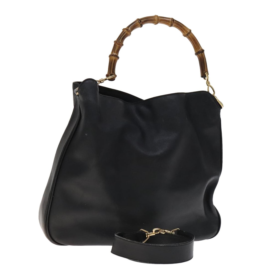Gucci Bamboo Black Leather Two Way Handbag with Gold Hardware and Strap: Gucci Bamboo Black Leather Two Way Handbag with Gold Hardware and Strap This GUCCI Bamboo Hand Bag offers versatile 2-way carrying with both top handles and a detachable shoulder strap. Crafted from b