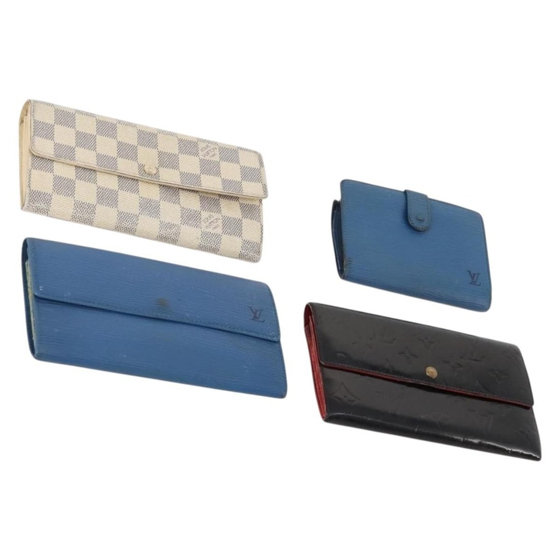 Louis Vuitton blue monogram canvas wallet bundle: Louis Vuitton blue monogram canvas wallet bundle This is a special set of four Louis Vuitton wallets in Monogram Vernis Azur Epi and Monogram Canvas, featuring a blue and monogram color scheme. Design