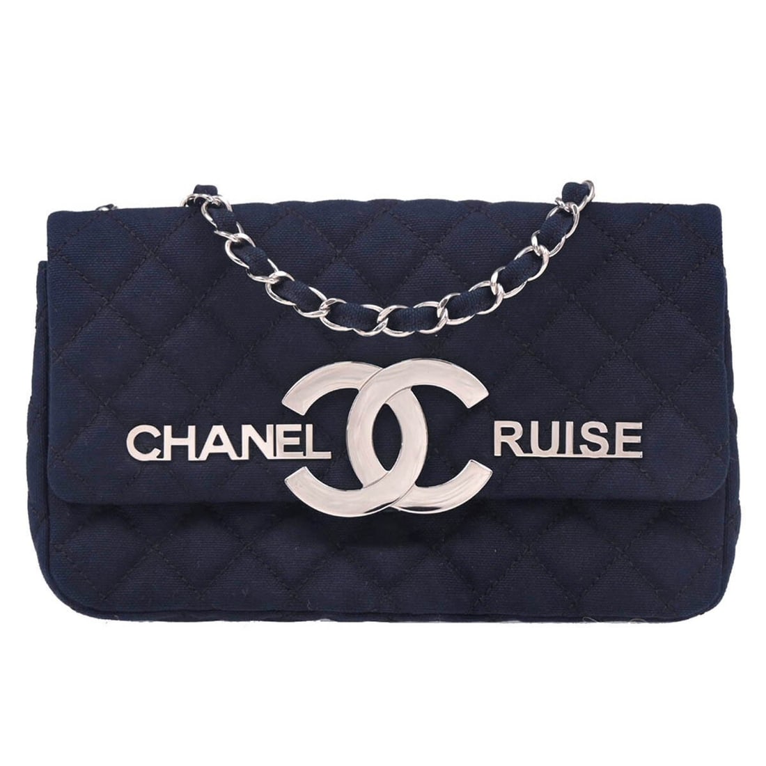 CHANEL Small Navy Canvas Shoulder Bag Matelasse Turnlock: CHANEL Small Navy Canvas Shoulder Bag Matelasse Turnlock Chanel Cruise Line shoulder bag in navy canvas with a matelasse pattern and flap turnlock closure. This small women's shoulder bag features a b