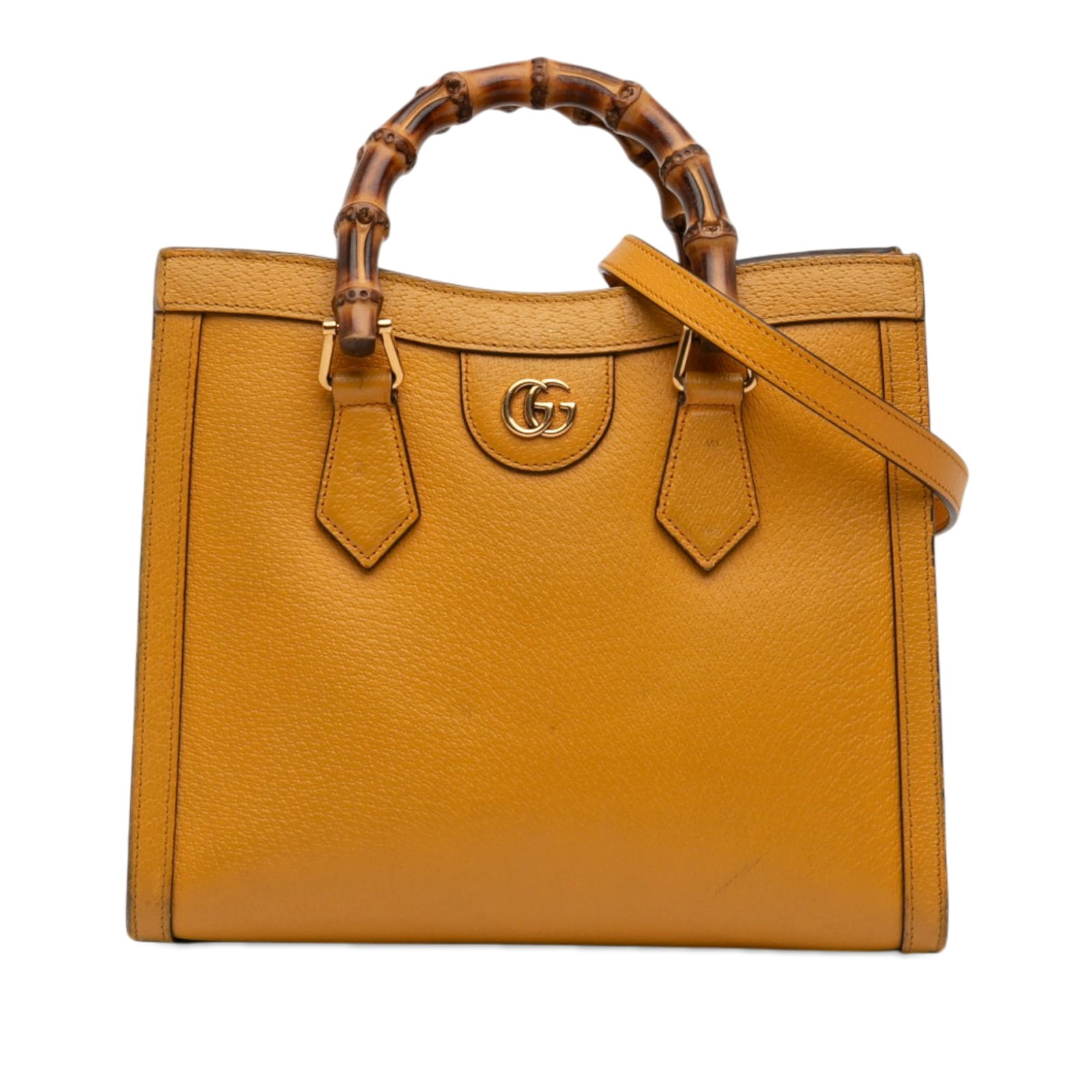 Gucci Bamboo Diana Medium Calfskin Satchel: Gucci Bamboo Diana Medium Calfskin Satchel This Gucci Medium Calfskin Bamboo Diana Satchel features a yellow leather body, distinctive bamboo top handles, a detachable web canvas and flat leather shou
