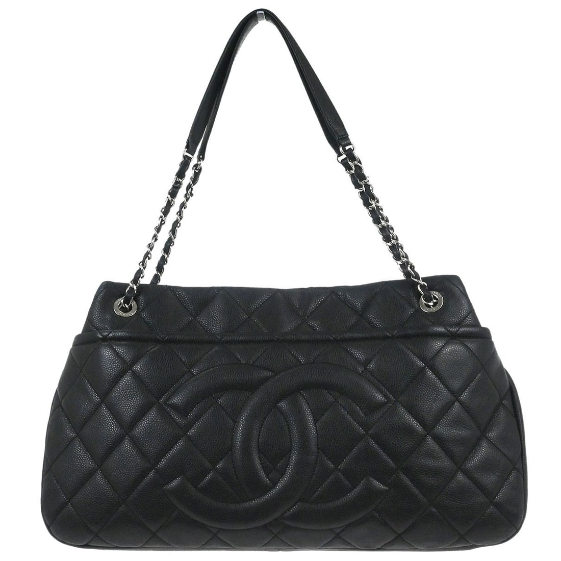 CHANEL Timeless CC Chain Tote in Black Caviar Leather: CHANEL Timeless CC Chain Tote in Black Caviar Leather Chanel Timeless CC Chain Tote Bag in black caviar skin leather with double handles, logo accents, and inner pockets. Made in Italy, this large tot
