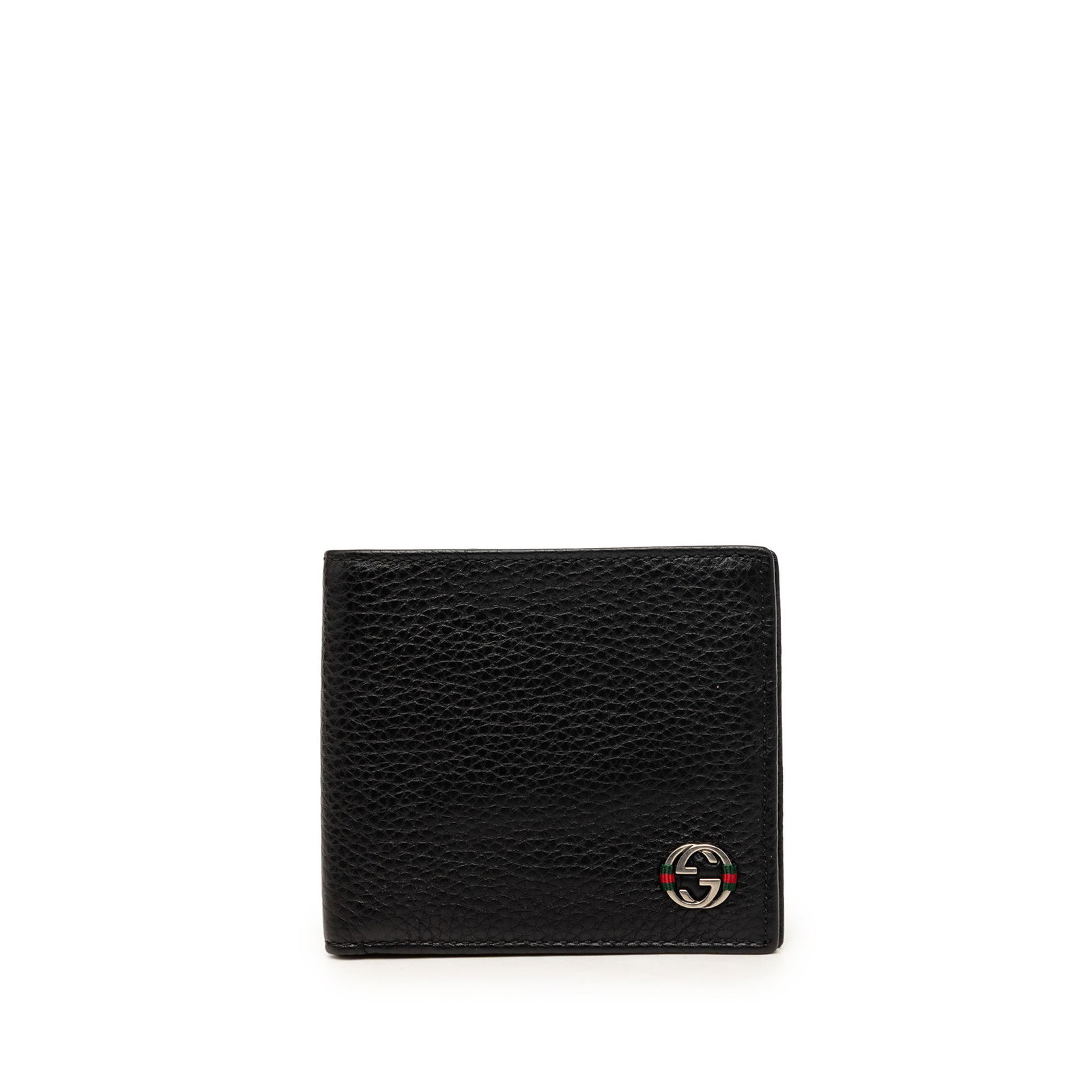Gucci Interlocking G Web Leather Bifold Wallet: Gucci Interlocking G Web Leather Bifold Wallet Gucci bifold wallet crafted in black calfskin leather with the signature Web and Interlocking G design. The interior includes card slots and a flap pocke
