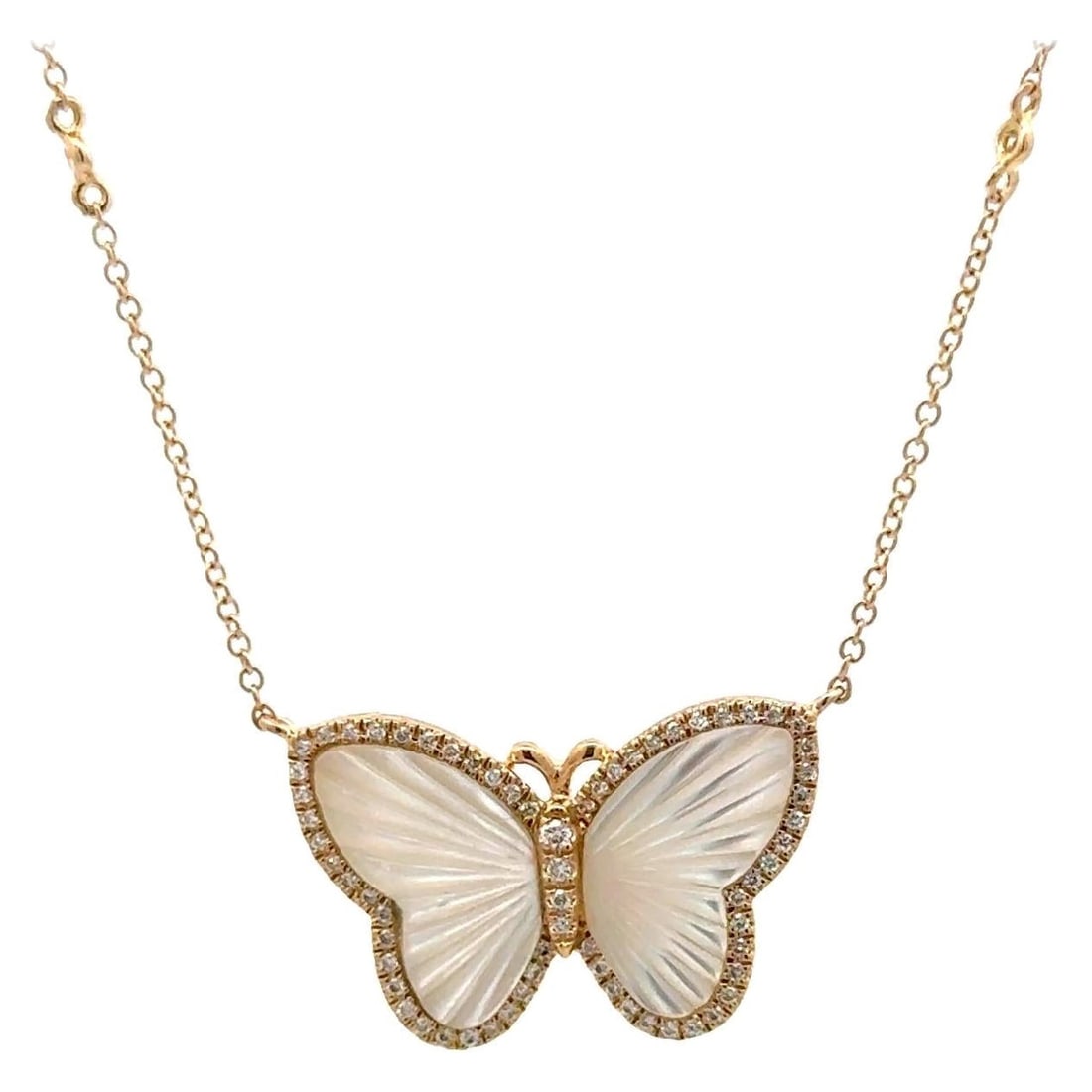 Harbor Diamonds 14K Yellow Gold Butterfly Pendant Necklace with Diamonds: Harbor Diamonds 14K Yellow Gold Butterfly Pendant Necklace with Diamonds This exquisite butterfly pendant necklace showcases a stunning design in 14K yellow gold. The intricate wings are carved from m
