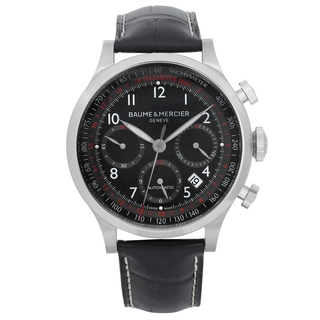 Baume et Mercier Capeland Chronograph Automatic Stainless Steel Black Dial Watch MOA10084: Baume et Mercier Capeland Chronograph Automatic Stainless Steel Black Dial Watch MOA10084 Discover the elegance of the Baume et Mercier Capeland Chronograph, a luxurious automatic wristwatch designed 