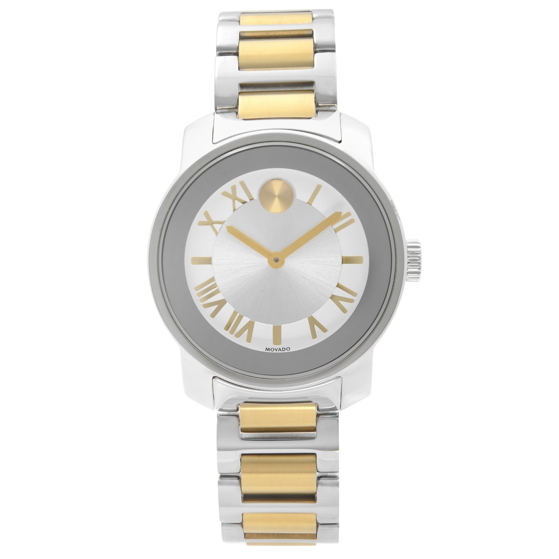 Movado Bold womens quartz bracelet watch 32mm silver dial 3600245: Movado Bold womens quartz bracelet watch 32mm silver dial 3600245 Movado Bold ladies wristwatch with a silver sunburst analog dial and quartz movement. This dress/formal style watch features a round p